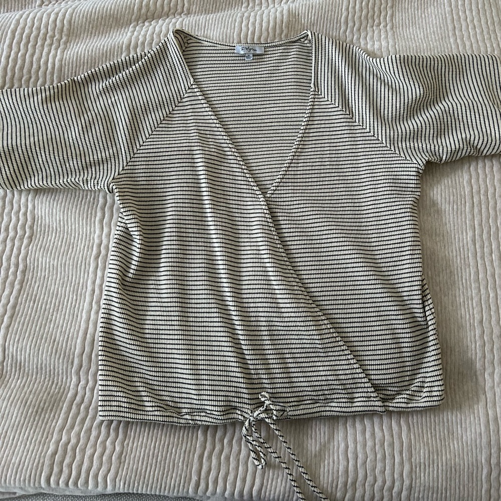 Dolagram Wrap Front Blue and Cream Stripe‎ Shirt Women’s Medium
